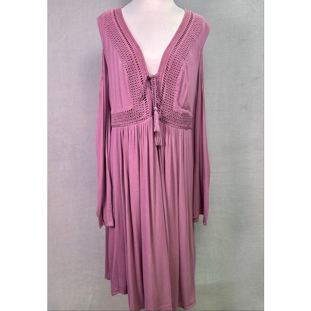 Torrid Mauve Crochet Tassel Tie Cold Shoulder Mini Dress Size 2 Boho - Picture 2 of 11